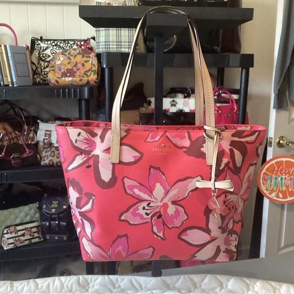 kate spade Handbags - Kate Spade pink floral tote in Saffiano leather inside and out with silver spade